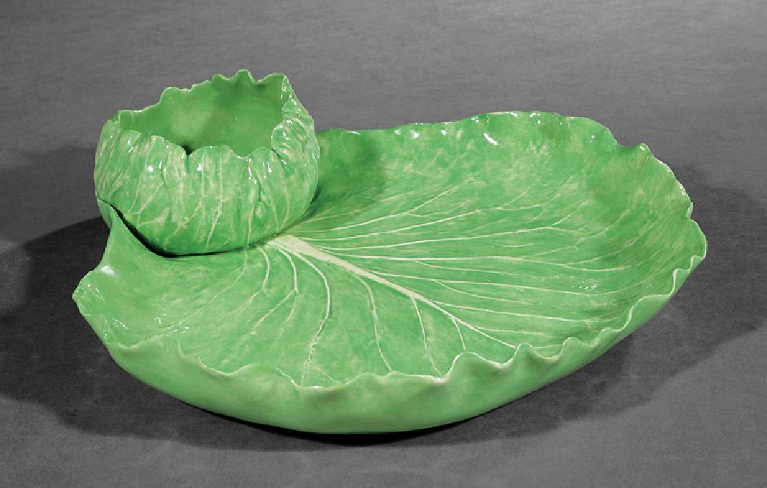 Dodie Thayer Pottery Lettuce Ware Crudité Dish: Dodie Thayer Pottery Lettuce Ware Crudité Dish, with Au Bon Gout, Palm Beach, Dodie Thayer, pineapple mark, w. 11 7/8 in. Provenance: DuPont Family Estate