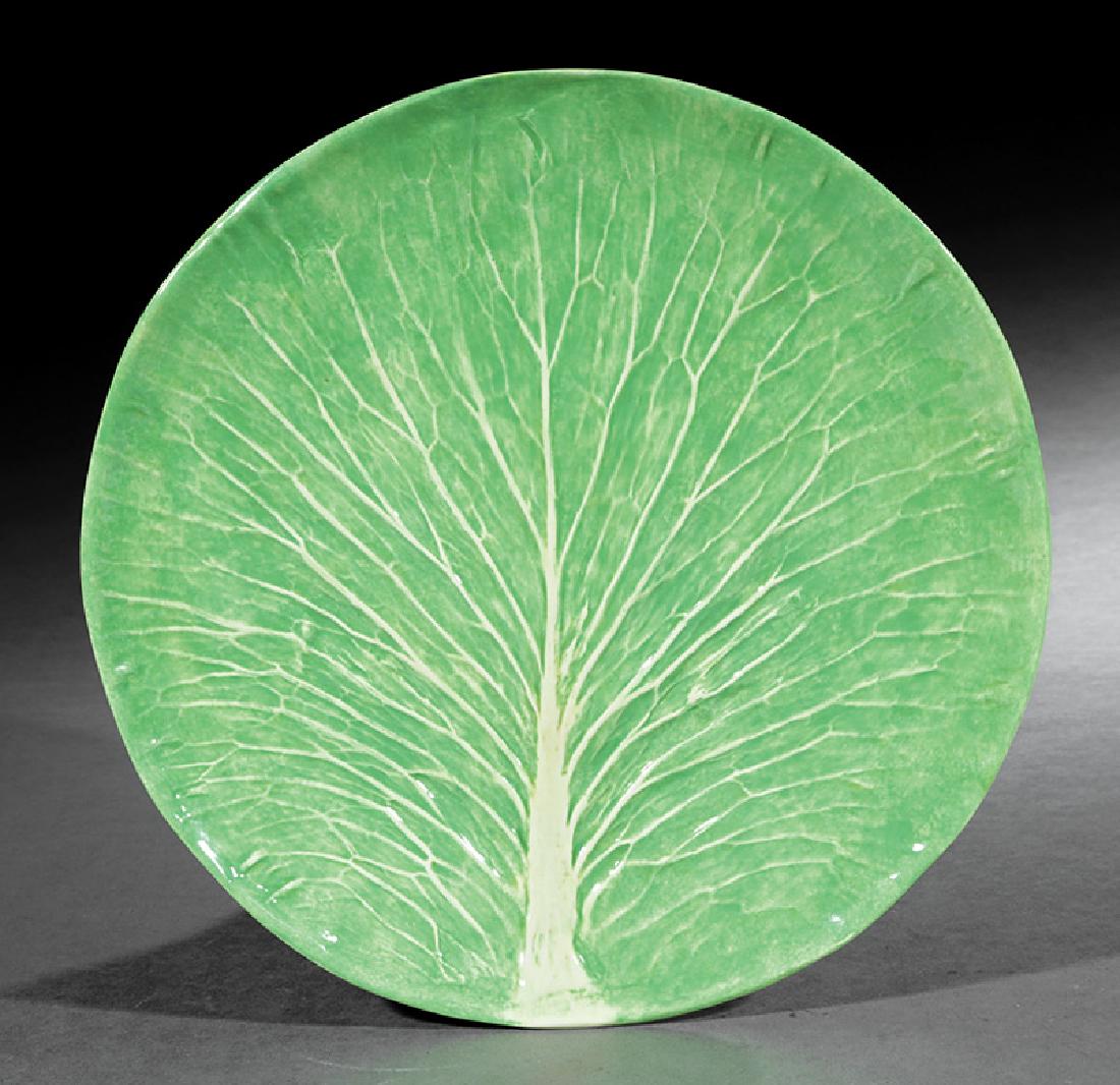 Dodie Thayer Pottery Lettuce Ware Charger: Dodie Thayer Pottery Lettuce Ware Charger, with Au Bon Gout, Palm Beach, Dodie Thayer, pineapple mark, dia. 11 1/4 in. Provenance: DuPont Family Estate