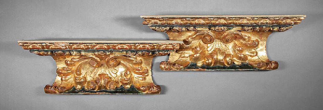 Painted Giltwood Architectural Fragments: Pair of Continental Painted Giltwood Architectural Fragments, 19th c., possibly Italian, carved with a central shell flanked by acanthus and scrollwork, later top, mounted as a wall bracket, h. 10 in.