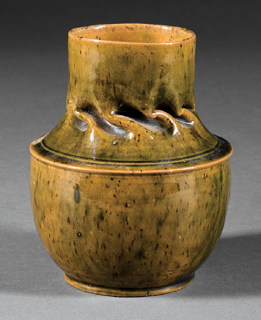 George Ohr Art Pottery Vase: George Ohr Art Pottery Vase, baluster form with waisted crimped neck, green and brown speckled glaze, base impressed "G.E. OHR/Biloxi, Miss", h. 4 5/8 in., dia. 3 3/4 in