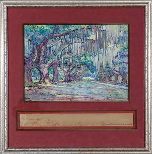 Ellsworth Woodward (American/New Orleans, 1861): Ellsworth Woodward (American/New Orleans, 1861-1939), "The Oaks Versailles, De La Ronde Plantation", watercolor on paper laid on board, signed lower right, pencil-titled upper margin, 15 1/4 in. x 20