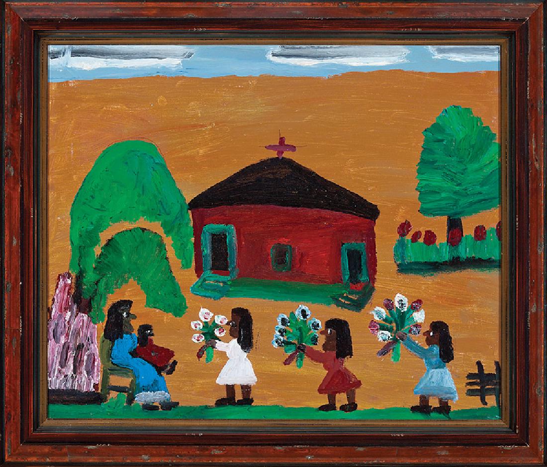 Clementine Hunter (American/Louisiana, 1886): Clementine Hunter (American/Louisiana, 1886-1988), "Mary and Baby Jesus", oil on canvas board, monogrammed lower right, 20 in. x 24 in., framed