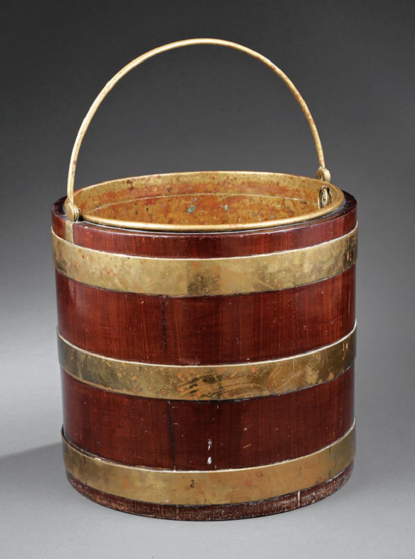 Georgian Mahogany and Brass-Banded Peat Bucket: Georgian Mahogany and Brass-Banded Peat Bucket, swing handle, brass liner, h. (to top of handles) 17 in., dia. 12 3/8 in