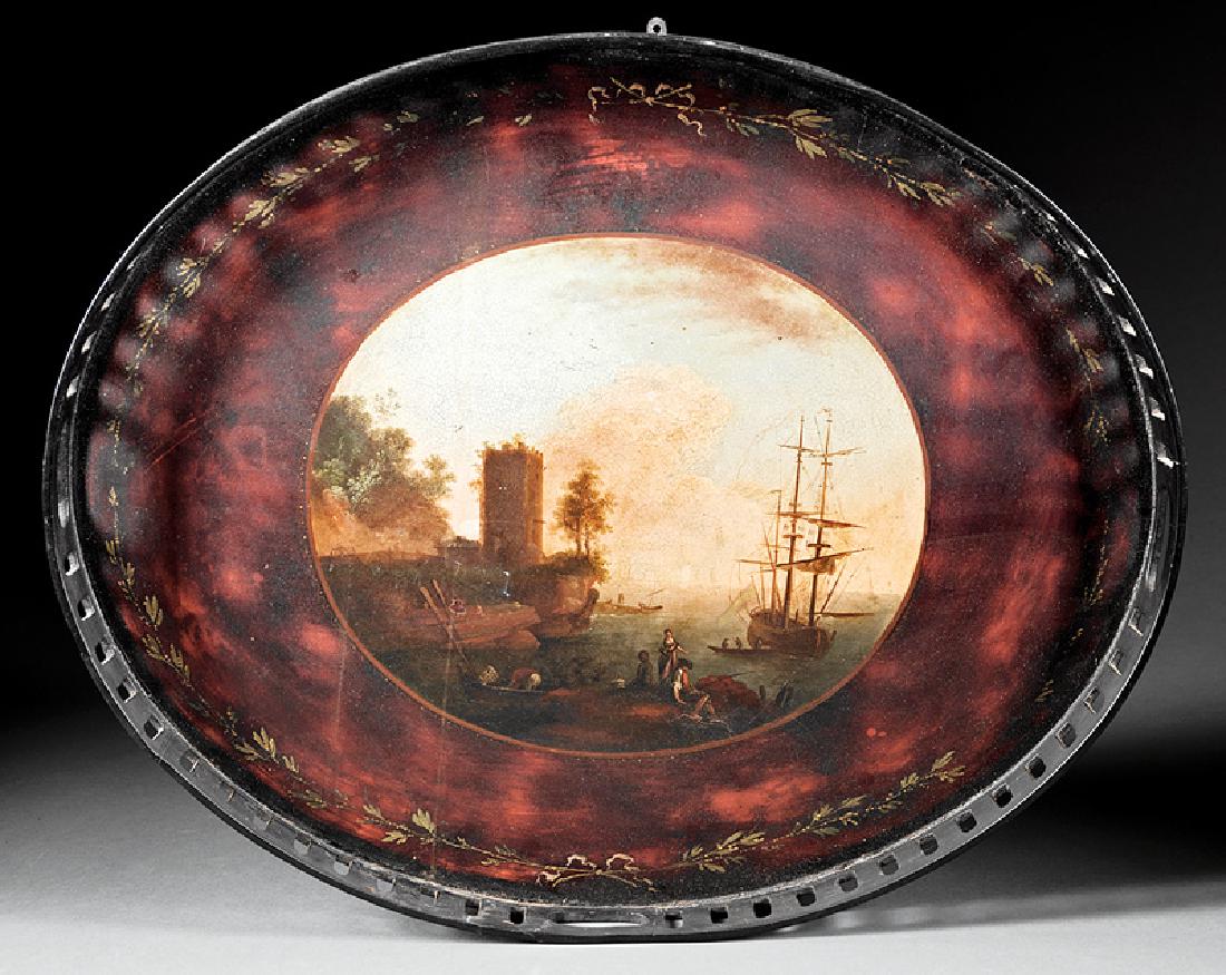 English Polychromed Papier-Mâché Oval Tray: English Polychromed Papier-Mâché Oval Tray, 19th c., central Romantic figural seascape, reticulated gallery, h. 1 7/8 in., w. 22 1/4 in., d. 18 1/4 in