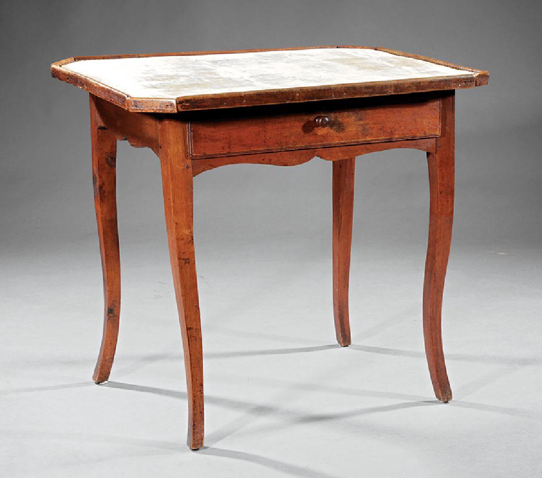 Antique Provincial Fruitwood Side Table: Antique Provincial Fruitwood Side Table, 19th c., velvet-lined tray top, shaped frieze with drawer, cabriole legs, h. 29 in., w. 31 1/2 in., d. 24 3/4 in. Provenance: Charles Faudree, Tulsa, OK