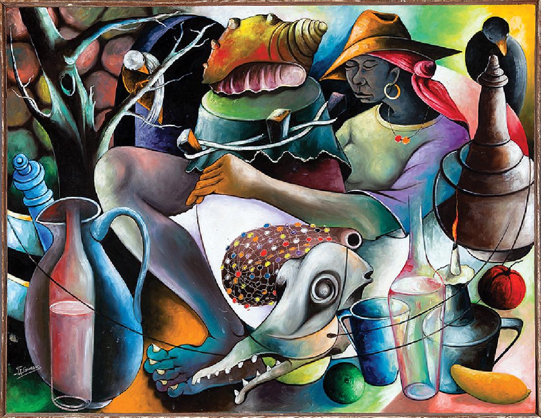 Jacques-Enguerrand Gourgue (Haitian, 1930-1996): Jacques-Enguerrand Gourgue (Haitian, 1930-1996), "Vodou Scene: Lady with Drum and Animal Skull", oil on masonite, signed lower left, 29 3/4 in. x 39 3/4 in., original wood frame. Provenance: Collectio