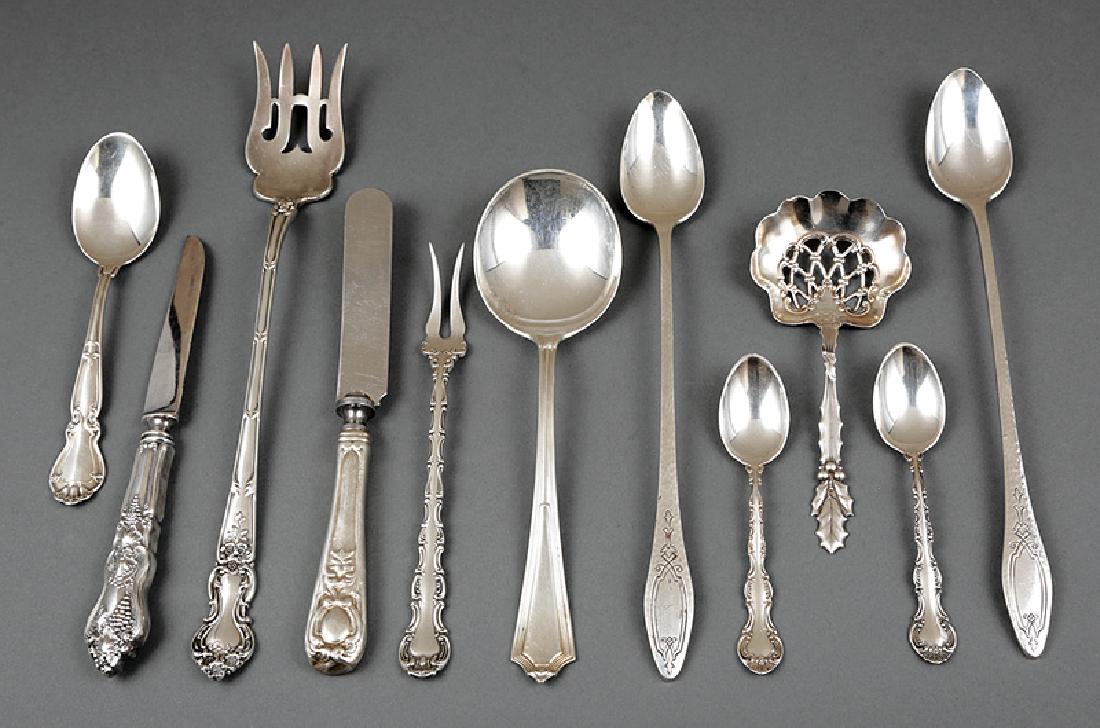 American Sterling Silver Flatware: Miscellaneous Group of American Sterling Silver Flatware , various makers and patterns, incl. Gorham "Strasbourg" 7 demitasse spoons and 1 olive/pickle fork; Towle…knives, serving fork, soup spoon a