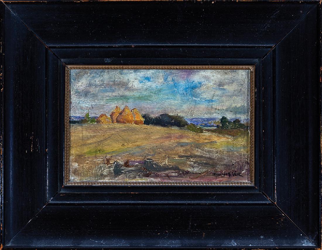 Douglas Volk (American, 1856-1935): Douglas Volk (American, 1856-1935), "Haystacks", oil on panel, signed lower right, pencil-inscribed en verso, 3 7/8 in. x 6 1/4 in., framed