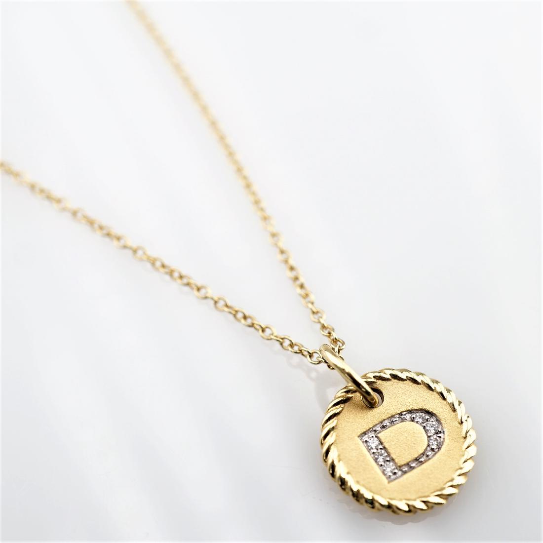 18k YG David Yurman Pendant on 18k Chain with D: 18k Yellow gold David Yurman pendant on original 18k yellow gold 18" long chain. The pendant features a diamond encrusted "D". Weighs 2.61 grams total