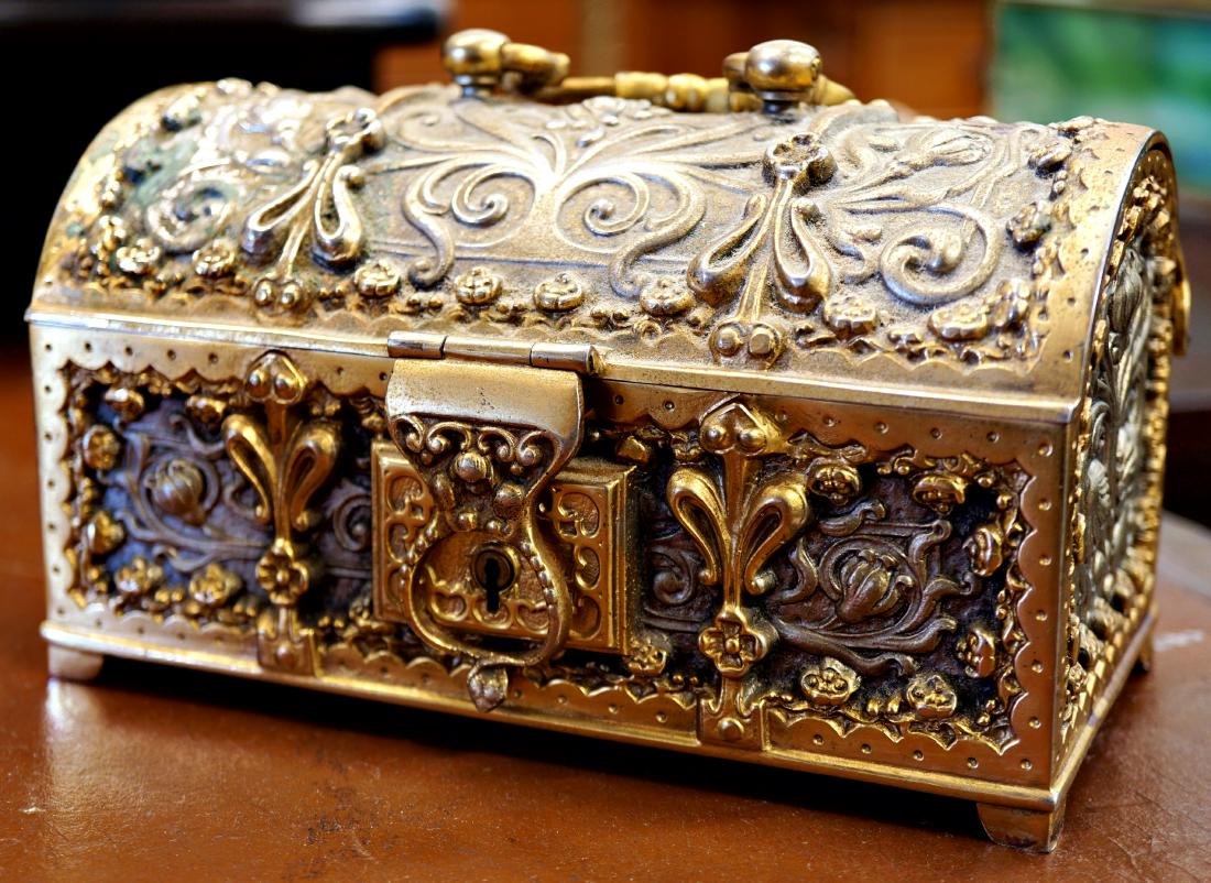 Velvet Interior Locking Jewelry Box: Small locking jewelry box with fitted blue velvet interior and Art Nouveau floral pattern on the outside. Measures 6.25" wide, 5" tall, and 3.5" deep.