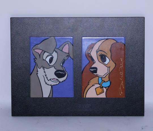 Brenda White, Lady & the Tramp Ceramic Tiles: Limited Edition (of our 750) porcelain tile set by Brenda White from "The Lady and the Tramp".Titled on front, copyright on back with edition of 750.Framed approx. 11.5" x 15.5". Each time approx. 7"
