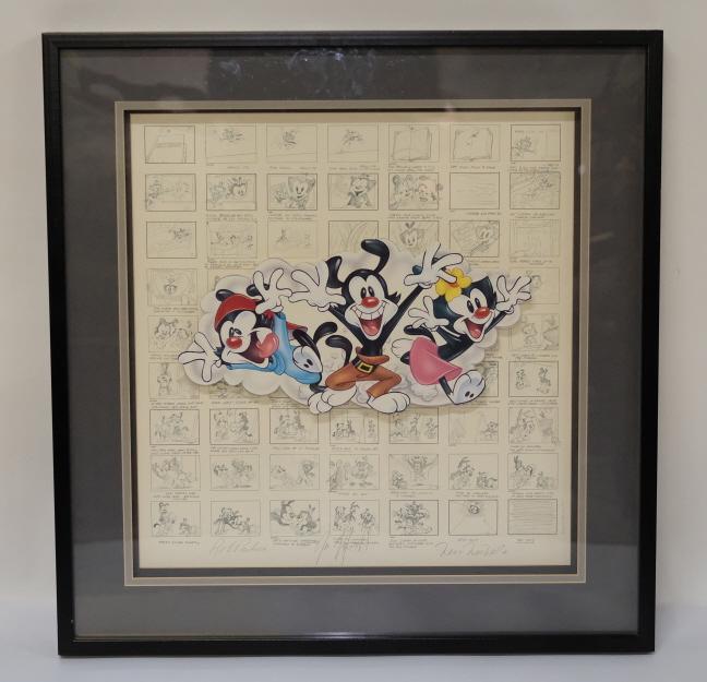Warner Bros. L.E. Animaniacs Storyboard Lithograph: Warner Bros. limited edition lithograph print"ANIMANIACS STORYBOARD"The central image of Warner Brothers, Wakko and Yakko, and sister, Dotwere expertly die-cut and mounted above a lithographic print c
