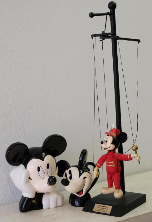 Group, Disney Mickey Mouse Collectibles: Group of three Disney Mickey Mouse collectibles comprising Mickey Mouse Club Marionette by Bob Baker - Limited Edition #52,Mickey's head cookiejar, 1990, by Treasure Craft, Mickey's head teapot by Car