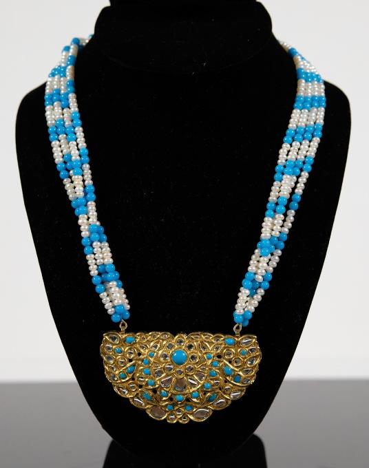 22k YG Pearl Bead Necklace: 22k Yellow gold cultured pearl necklace with ornamental beadwork. 20" chain and pendant is 2.5"in diameter