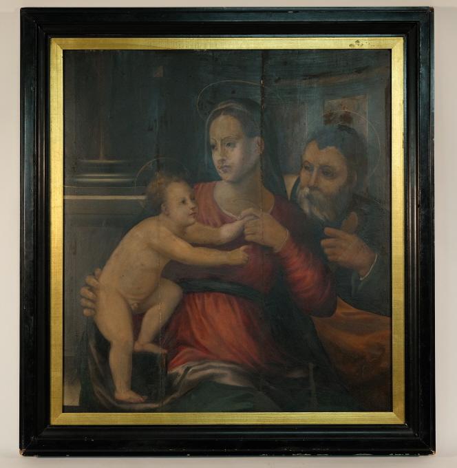 Portrait 'Holy Family', School of Bernardino Luini: School of Bernardino Luini (Italian, 1480- 1532),one of his followers, or from the Leonardo's Renaissance Circles.Oil on board depicting the portrait of the Holy Family.Framed approx. 48" x44.5".Unfra