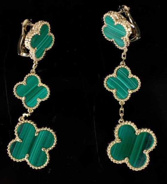 Van Cleef & Arpels 3 Motif Malachite Alhambra Ears: Van Cleef and Arpels 3 Motif Malachite and 18k yellow gold Alhambra drop earrings. Measures 2.25inches/6 cm long. Total weight is 18.47 grams.