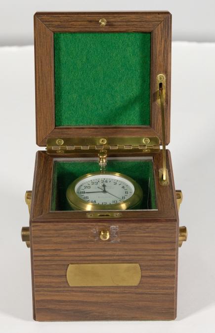Bulova Accutron Navigator Marine Chronometer: 1970's Bulova Accutron Navigator Mark II Marine Chronometer in original wood grained case opening to glass cover protecting the brass threaded case with three "214 Caliber" Accutron movements with ena