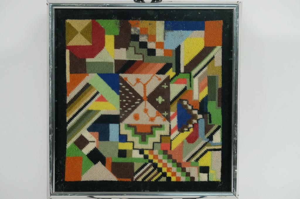 Mid Century Modern Needlework Panel: Mid Century Modern needlework panel under glass.Framed approx. 16.5" x 16".