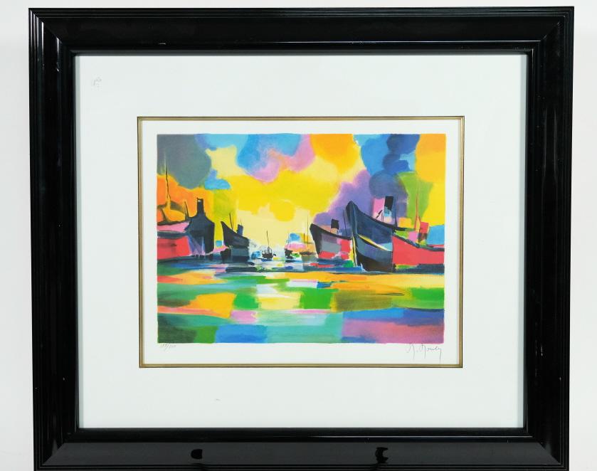 Mouly, L.E. Serigraph Transats Au Mouillage: Marcel Mouly (France, 1918 - 2008), "Transats AuMoulliage, limited edition color serigraph,#177/300, signed lower right.Framed approx. 25"x 29"