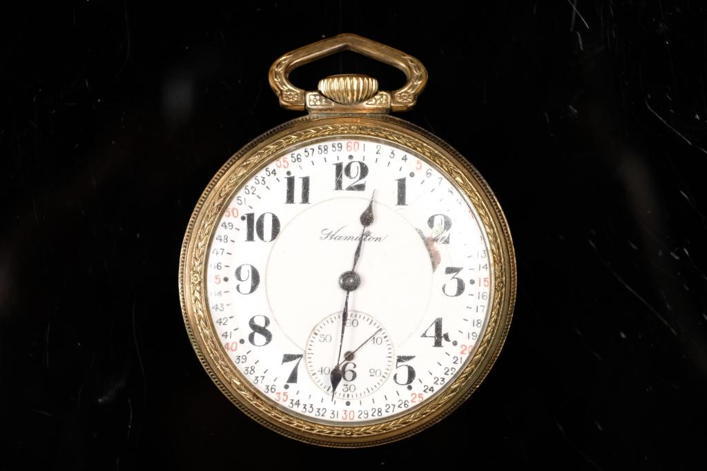 Hamilton Grade 990 Model 1 Pocket Watch 10K: American Hamilton Model 1 Grade 990 pocket watch,Serial No. 350582, 16s, 21j, open face. Twist off back cover interior engraved 10K/ROLLED GOLD PLATE/ILLINOIS/WATCH CASE CO, #7754308, circa 1905.