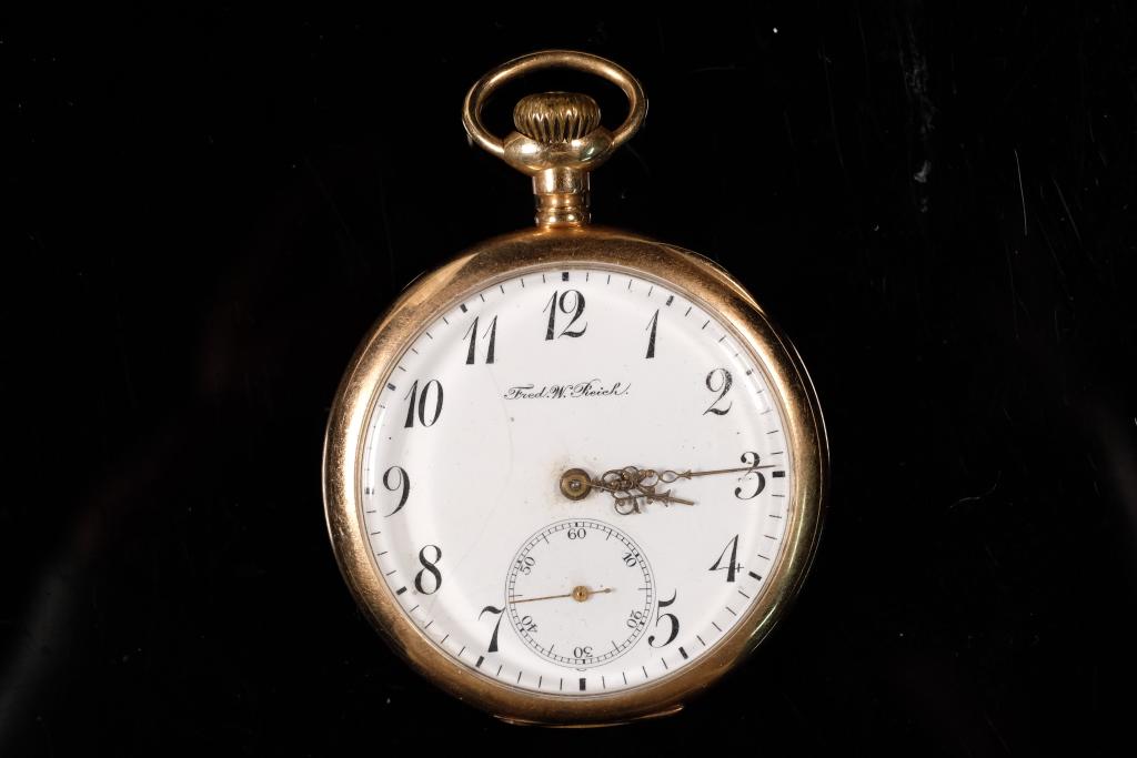 Custom Made Mens 14K Swiss Pocket Watch: Custom made men's 14k Swiss pocket watch, Serial No.1869746, open face. Dial inscribed Fred W Reich.Back interior cover engraved GRUEN/NATL WC.CO/14K/101663. Dust cover engraved 14K 101663.Movement en