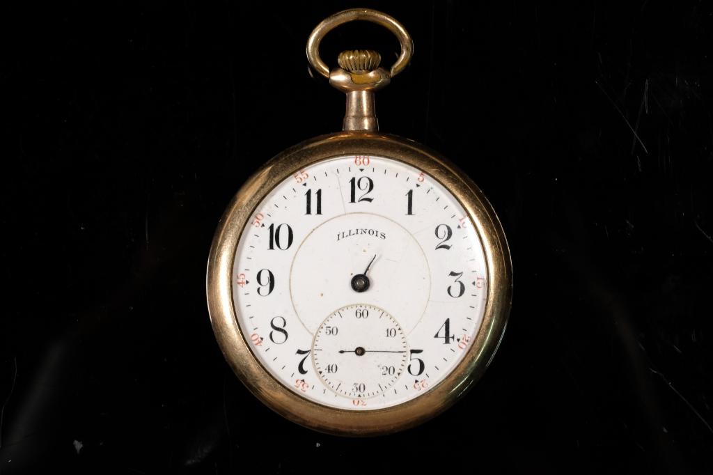 Illinois Watch Co Grade 107 Model 9 Pocket Watch: Illinois Watch Co Model 9 Grade 107 pocket watch,Serial No. 3596814, 16s, 21j, open face.Twist Off back cover interior engraved BEC/GUARANTEED 20 YEARS/PHILADELPHIA WATCH CASE CO/9443017, circa 1919.
