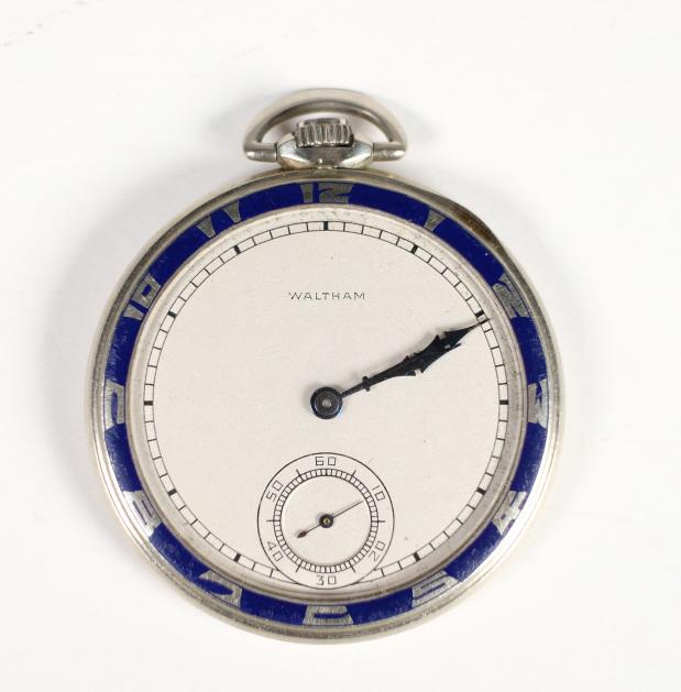 Waltham 14K WG Enamel Art Deco Pocket Watch: American Waltham Model Colonial A Grade Riverside pocket watch, Serial No. 23086812, 14s,19j, openface in 14K white gold.Back interior coverengraved SOLIDARITY/14K/WHITE GOLD/WALTHAM COLONIAL A/606685
