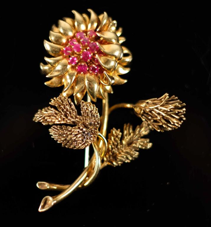 18k YG Tiffany & Co. Ruby Sunflower Brooch (1 of 7)