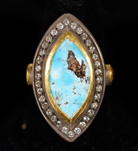 Designer 24K YG, Diamonds Turquoise Ladies Ring (1 of 4)