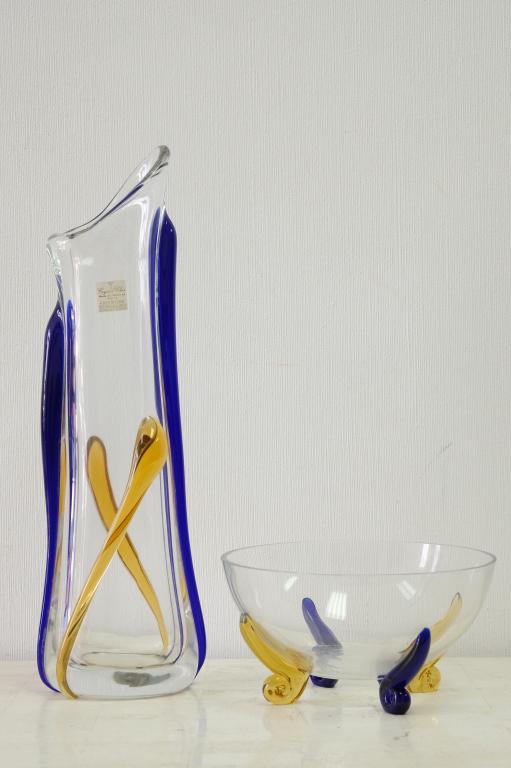 Crystal Clear' Czech Republic Vase & Bowl: Contemporary art glass/'crystal vase and bowl manufactured by "Crystal Clear", Czech Republic. Approx. height of vase 18". Approx. height of bowl 4.5", diameter 8.75".