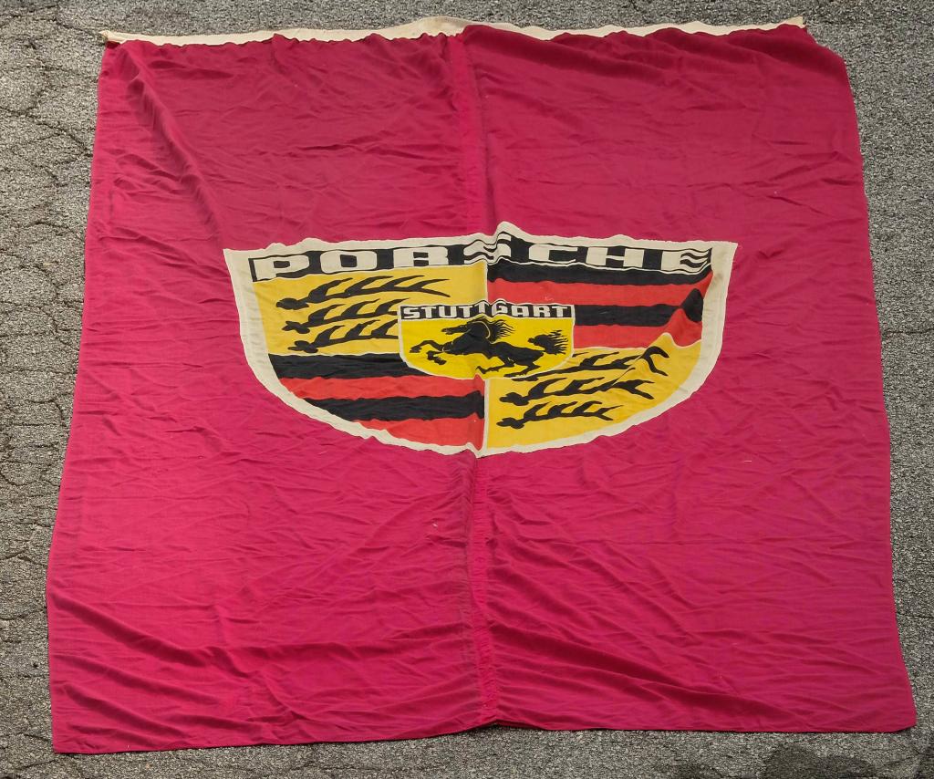 Large German Porsche Dealership Flag, 1980s: Large German Porsche advertising dealership flag from the 1980's. Tag to the reverse. Approx. 4' 11" x 12' 10"