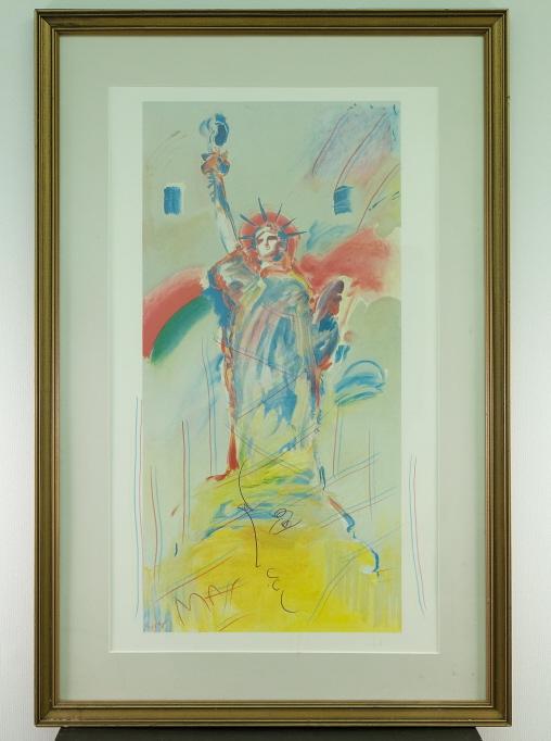 Peter Max Statue of Liberty Litho w/Blind Stamp: Peter (Finkelstein) Max (American, b.1937), "Statue of Liberty", (study), lithograph, hand-signed in multi-colored pencil, also signed 'study' in red pencil along with Peter Max Atelier Series blind s