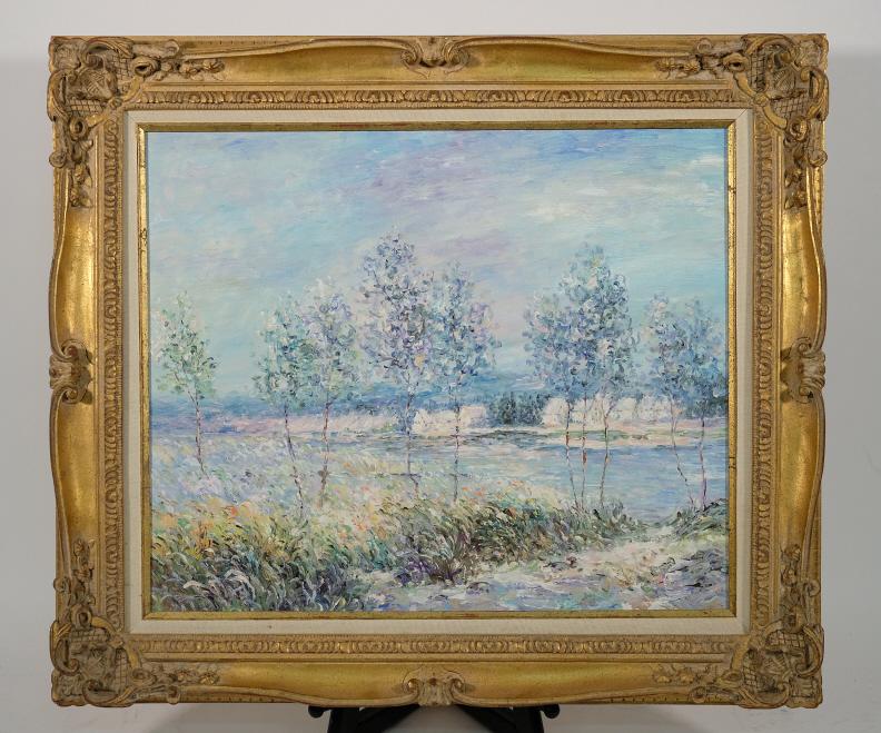 John Clymer Impressionist Landscape O/C: John Clymer (English, 1932), untitled, oil on canvas depicting a Monet inspired landscape, signed lower right and presented in a gilded wood French style frame. Framed approx. 27" x 31", unframed 20"