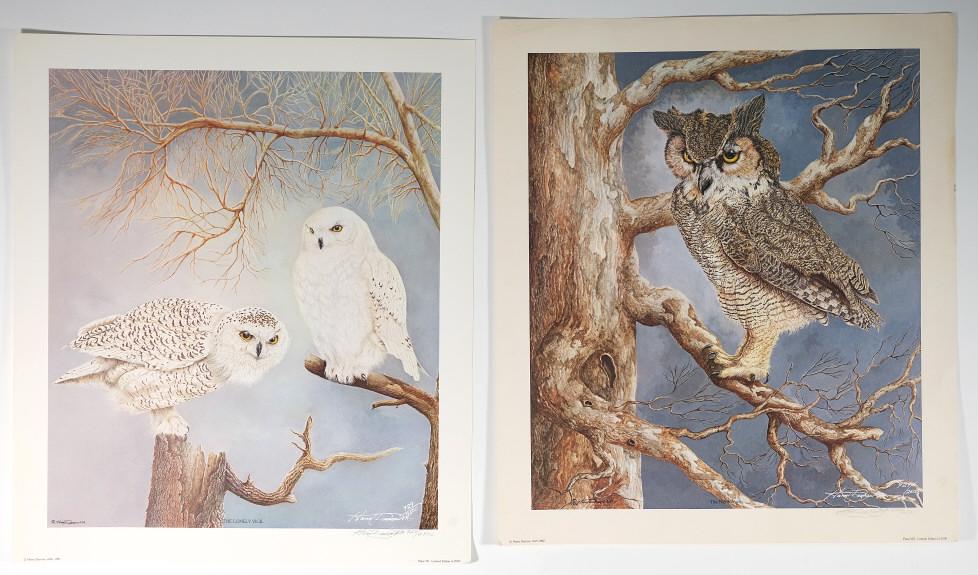 2 Limited Edition Owl Prints by Harry Duncan, ASA: Two limited edition owl prints signed and numbered by the artist Harry Duncan, ASA comprising "The Night Watch", Plate VIII, #929/2500 and "The Lonely Virgil", Plate VII, #929/2500. Unframed approx. 2