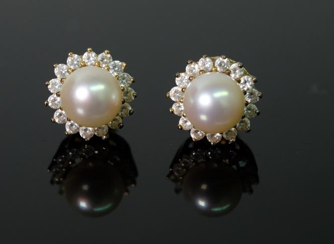 18K Yellow Gold Pearl and Diamond Post Earrings (1 of 3)