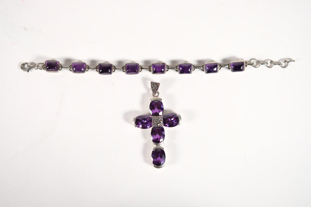 925 Silver & Amethyst Bracelet w/Cross Pendant (1 of 7)