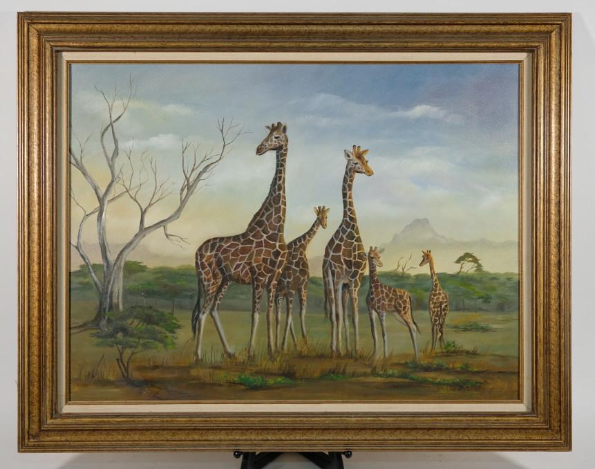 African Landscape w/Giraffes Painting, 1984 (1 of 5)