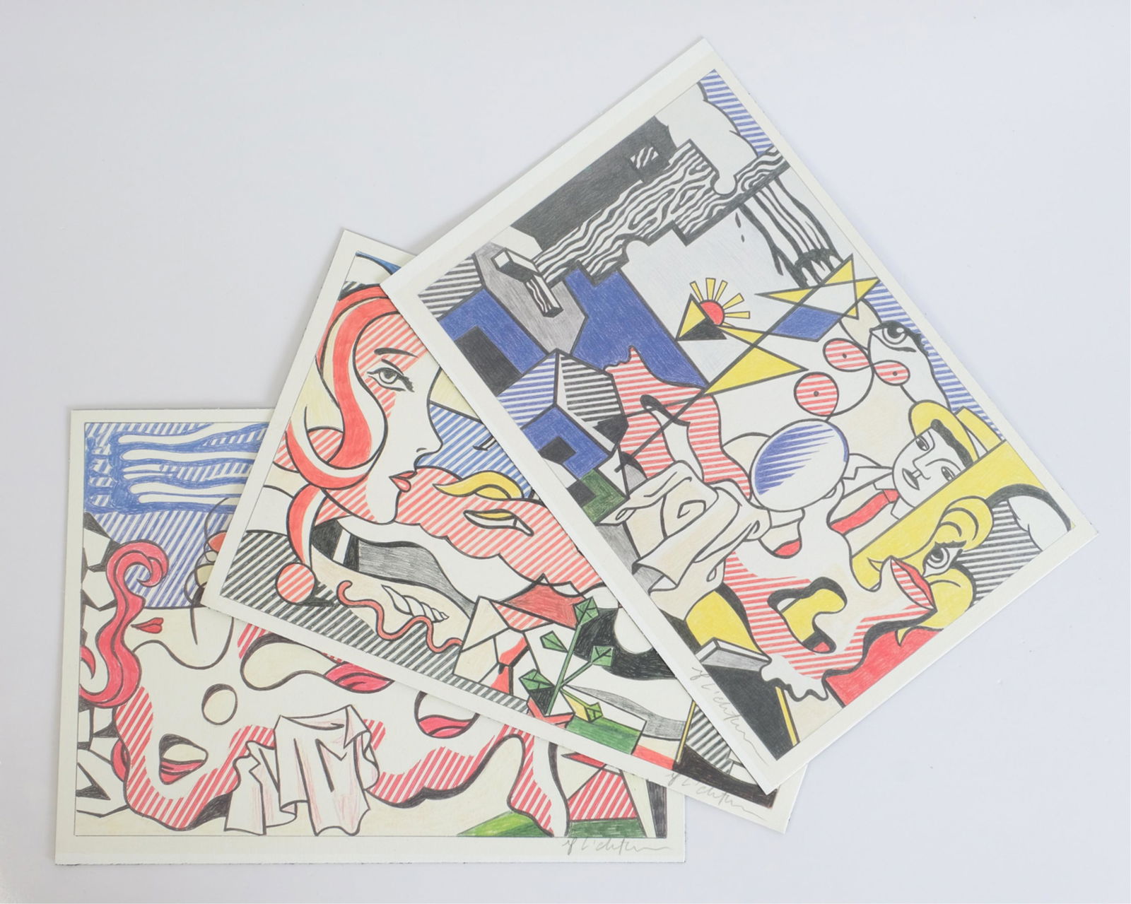 Roy Lichtenstein Group 3 Color Lithographs, Signed: Roy Lichtenstein (American, 1923 - 1997), group of three offset color lithographs, mounted, signed lower right. Unframed approx. 6" x 9", 6.12" x 9.25", and 6.5" x 9".