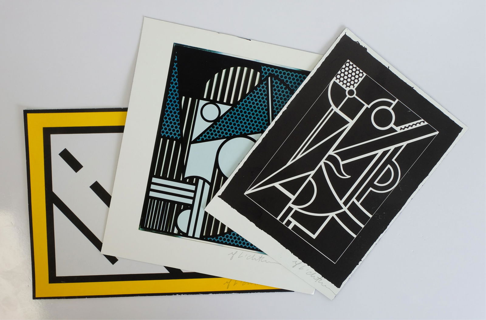 Roy Lichtenstein Group 3 Color Lithographs Signed: Roy Lichtenstein (American, 1923 - 1997), group of three offset color lithographs, mounted, signed lower right. Unframed approx. 8.87" x8.25", 7.12" x 9.87", and 8.37" x 6".