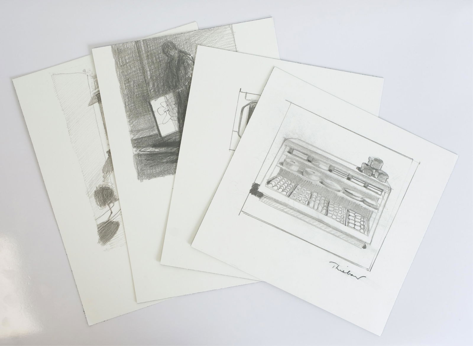 Wayne Thiebaud, Group of 4 Lithographs, Signed: Wayne Thiebaud (American, b. 1920), group of four lithographs (mounted). Each hand signed by the artist. Each overall approx. 8.25" x 8.75", 9.25" x 8", 10.75" x 7.75" and 10.75" x 8"