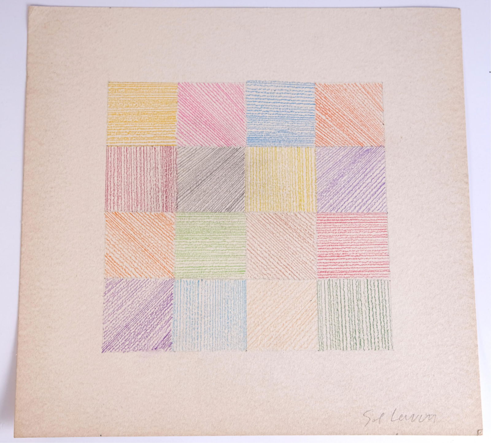 Original Sol Lewitt Colored Pencils on Paper: Sol Lewitt (1928-2007), untitled, geometric sixteen squares, colored pencils on wove paper. SIgned in pencil lower right. Unframed 11" x 11".
