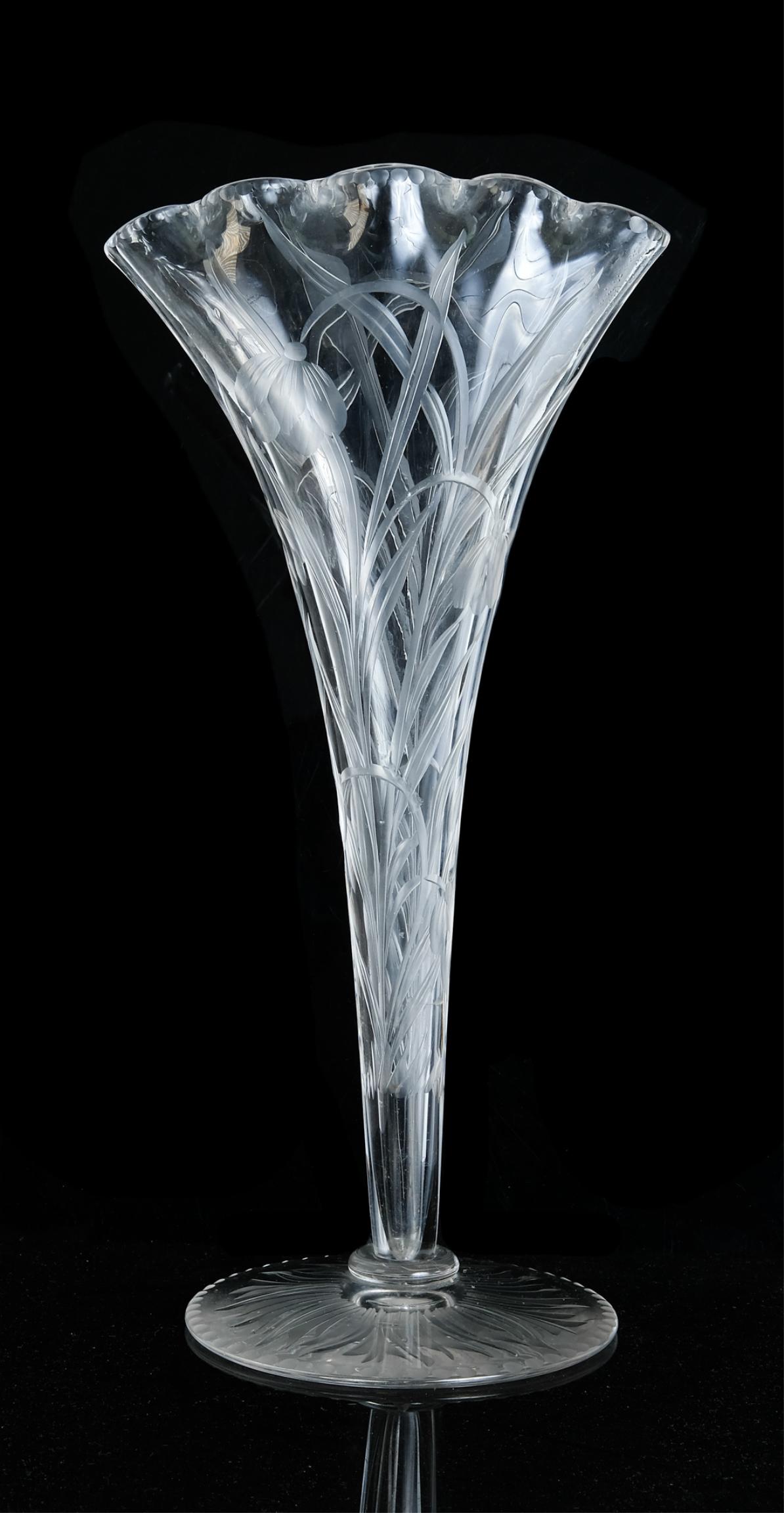 Stevens & Williams 12" Rock Crystal Patent Vase: Museum quality large 12 inch Stourbridge Stevens and Williams 'rock-crystal' fan-shaped vase, circa 1900, having a flattened flared lobed form forming five apertures at the rim, cut overall with styli
