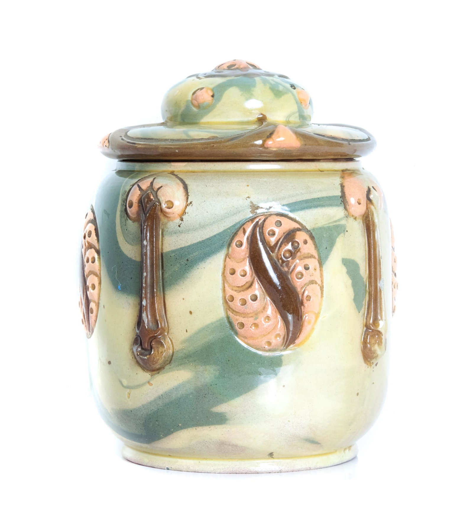 Amphora Ceramic Mushroom Tobacco Humidor Jar: Amphora Teplitz style ceramic tobacco/humidor jar decorated with raised Art Nouveau style fungi and marbled glaze. Base stamped AUSTRIA with impressed numbers. Approx. height 7.25", overall diameter 5