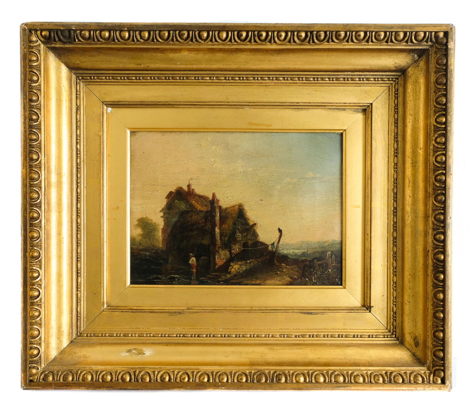 John Constable Cottage w/Figure, O/C, Signed: John Constable (English, 1776 - 1837), untitled landscape depicting a cottage with a figure, oil on canvas, signed lower right. Verso inscribed with artist name on canvas. Framed approx. 18.5" x 21.5"
