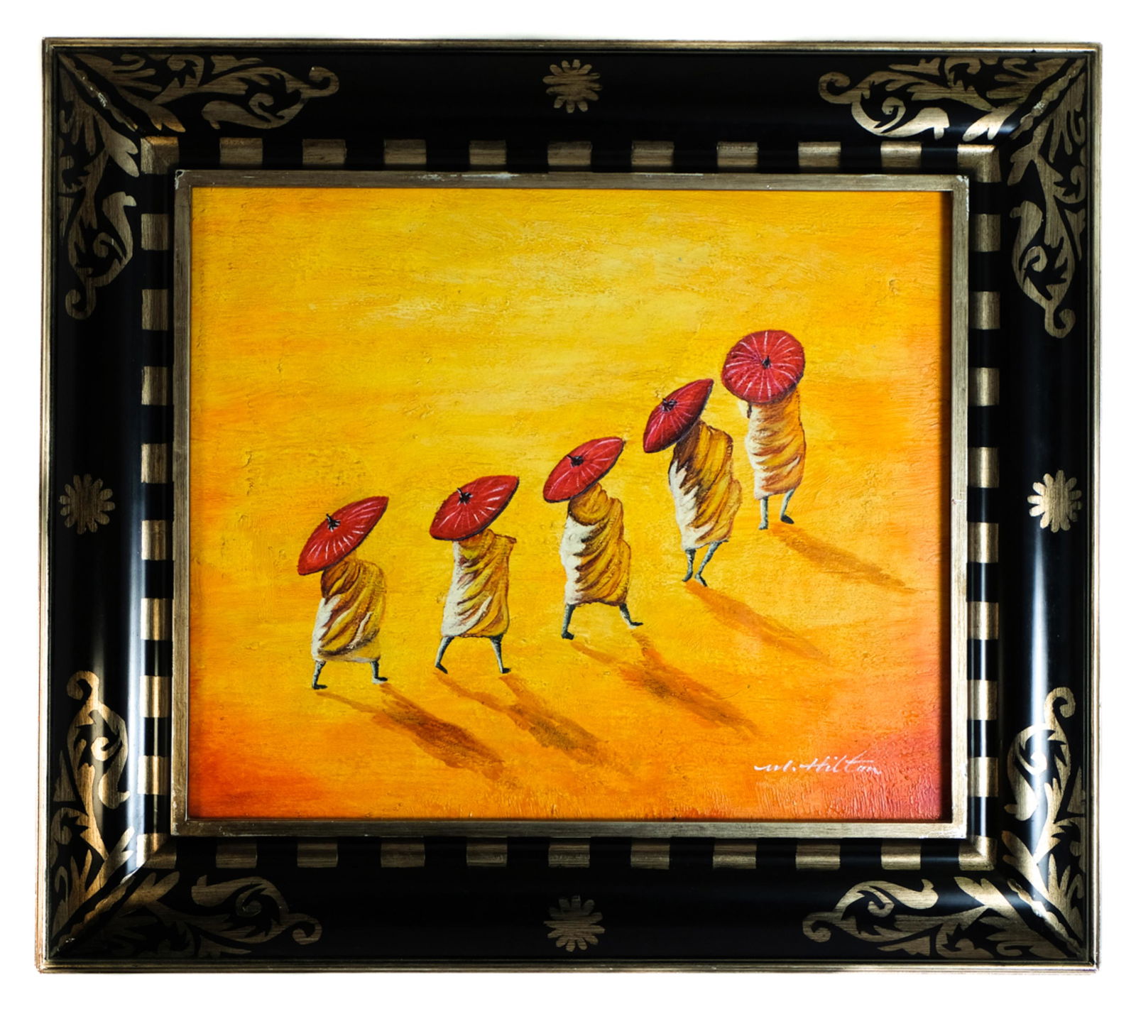 Contemporary Oil Canvas Monks w/Umbrellas (1 of 4)