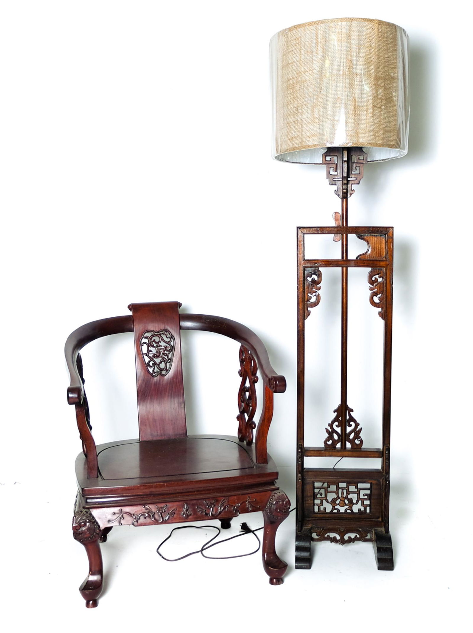 Chinese Hardwood Horseshoe Chair w/Floor Lamp (1 of 10)