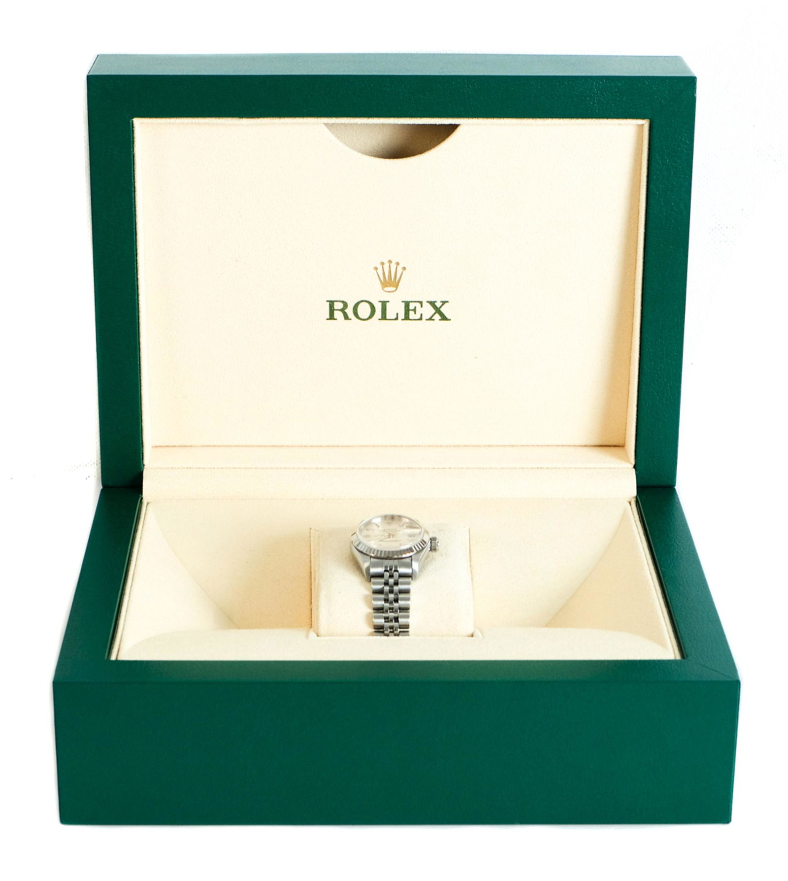 Ladies Rolex Datejust Watch w/Original Box: Ladies Rolex Datejust watch in stainless steel having a mother-of-pearl stick dial with a jubilee band. Accompanied in original box.