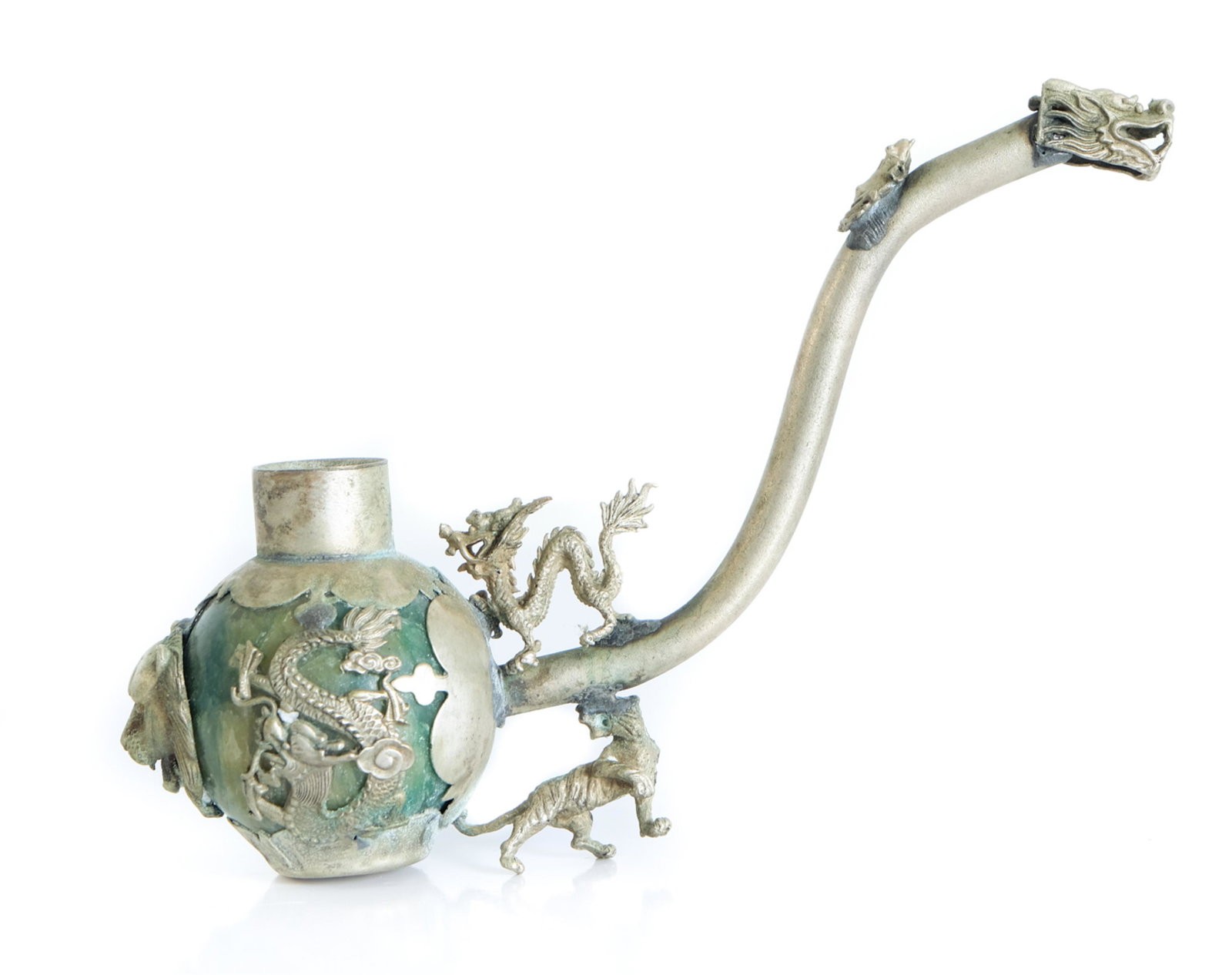 Vintage Chinese Dragon Silver Opium Pipe: Vintage Chinese silver and green hardstone opium pipe having dragon motif. Faded mark on bottom. Approx. 3.25" x 5.25".