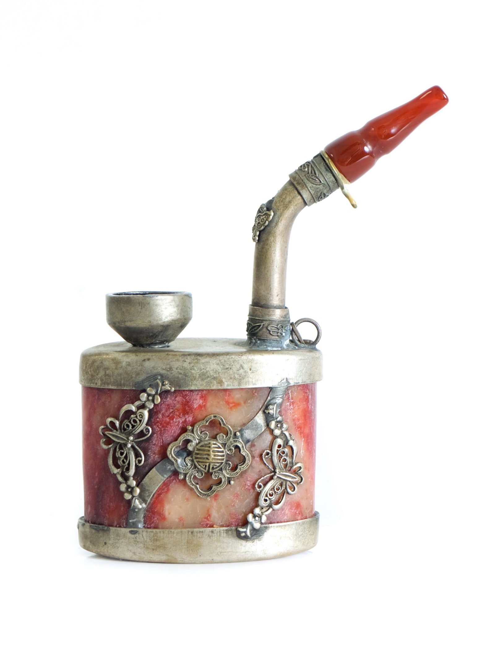 Chinese Silver & Hardstone Opium Pipe, Signed: Chinese silver and hardstone opium pipe. Signed to the underside. Approx. 4.2" x 3.5".