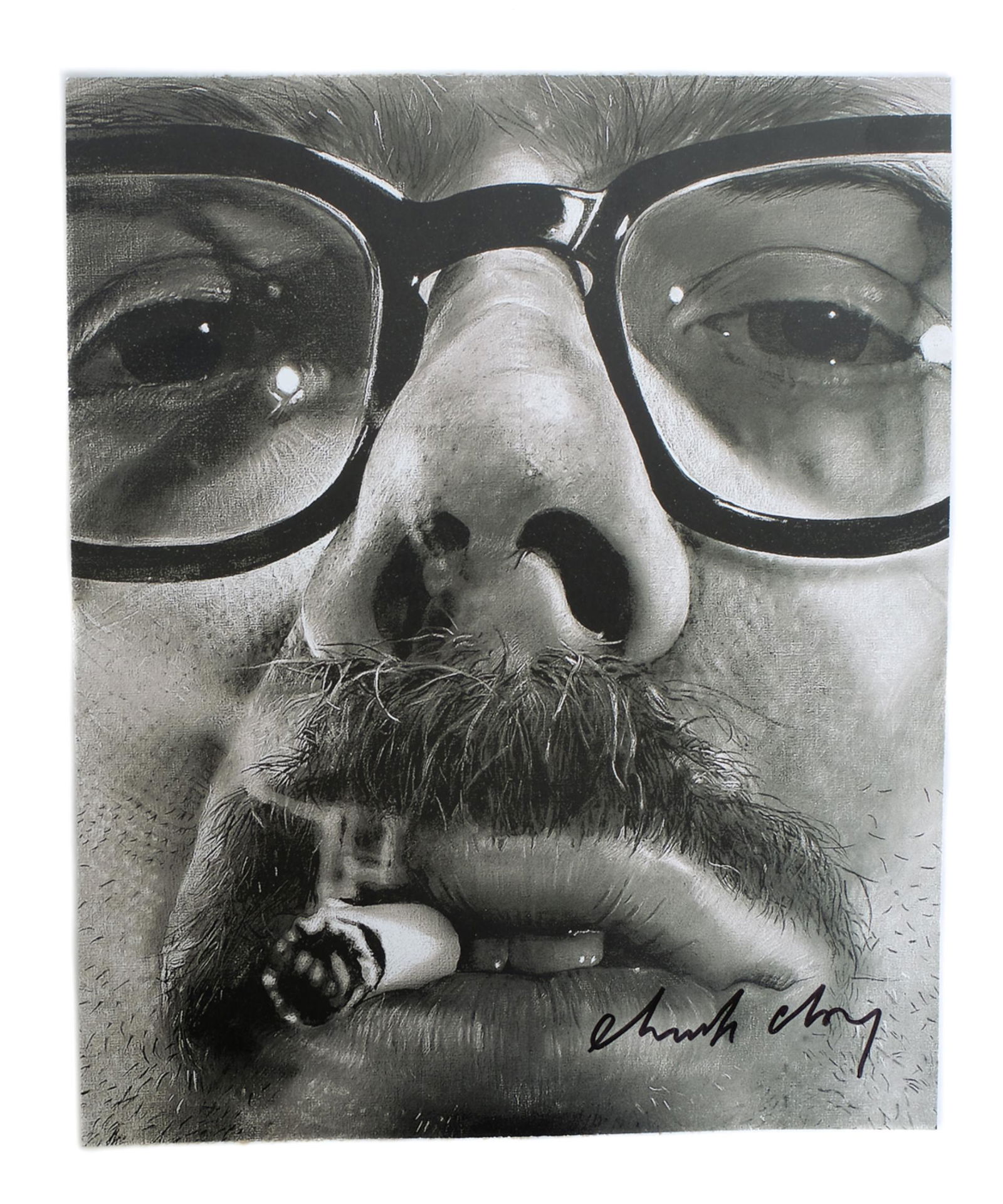 Chuck Close Portrait Photo Lithograph, Signed: Chuck Close (American, b. 1940), Self portrait with cigarette, photo lithograph mounted. Signed in ink lower right. Unframed approx. 13.25" x 10.75".